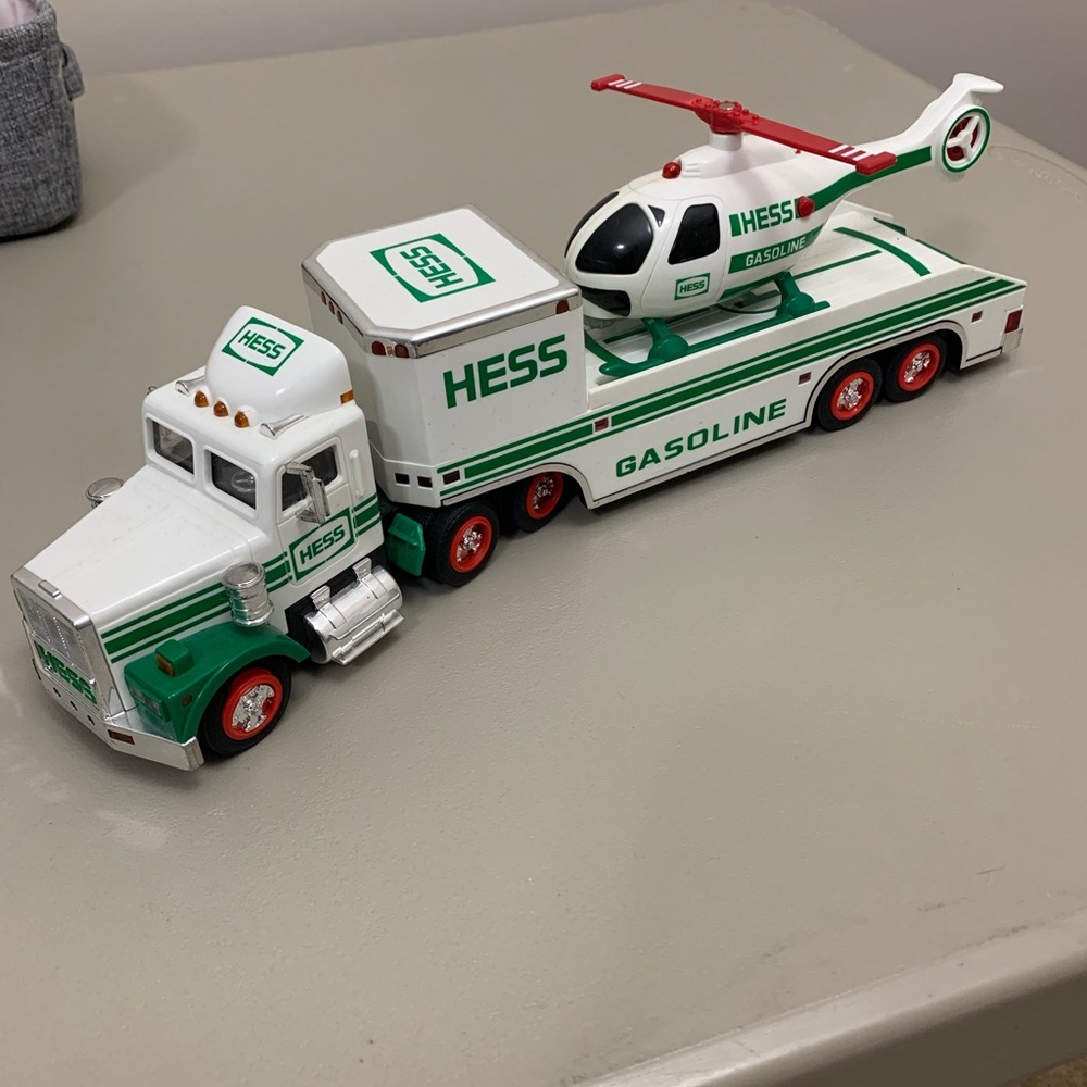 Green and White Toy Truck with Helicopter